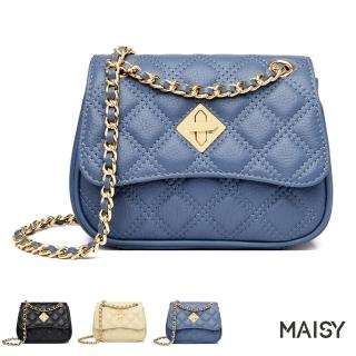 【MAISY】618 真皮 菱格牛皮十字扣單肩包(真皮包包 現+預 藍色／黑色／米色)
