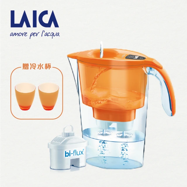 【LAICA 萊卡】2.3L義大利工藝設計雙流濾水壺-時尚橘(同色冷水杯*2)