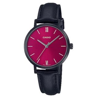 【CASIO 卡西歐】簡約指標女錶 皮革錶帶 紅色錶面 日常生活防水 LTP-VT02BL(LTP-VT02BL-4A)