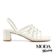 【MODA Moday】簡約交叉線條羊皮方頭粗跟涼鞋(白)