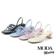 【MODA Moday】簡約交叉線條羊皮方頭粗跟涼鞋(白)