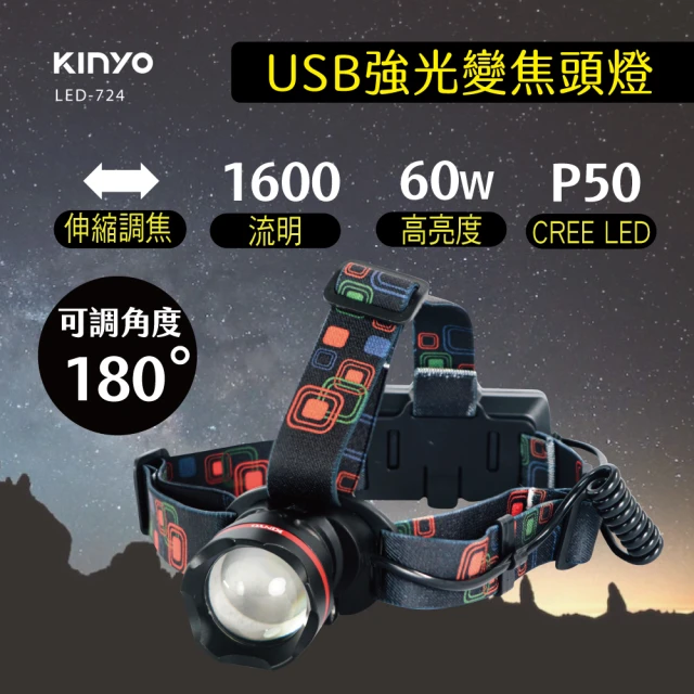 【KINYO】P50強光變焦頭燈(頭戴式頭燈/登山頭燈/充電頭燈 LED-724)