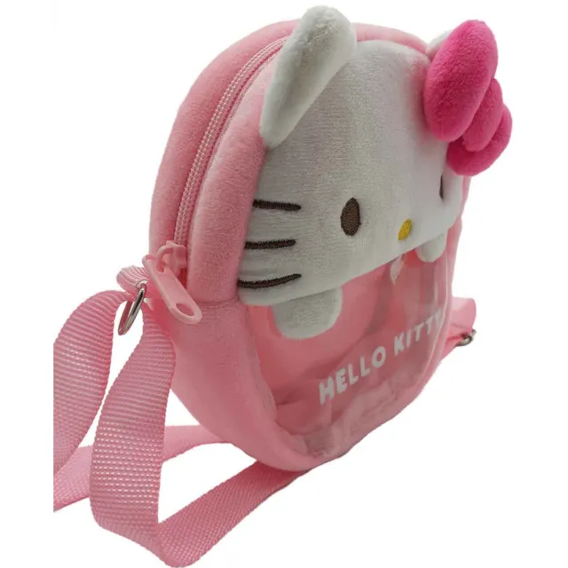 【SANRIO 三麗鷗】Hello Kitty絨毛圓型透明斜背包(2入-紅、粉各1個)