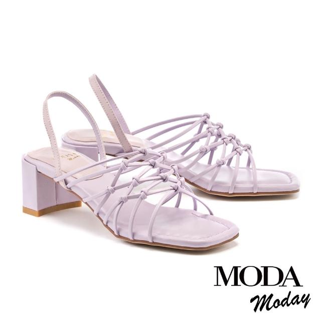 【MODA Moday】簡約交叉線條羊皮方頭粗跟涼鞋(紫)