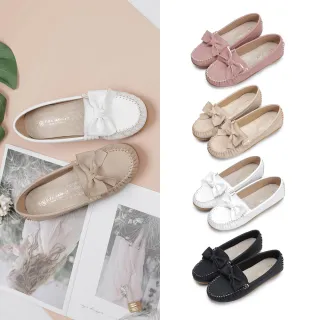 【FUFA Shoes 富發牌】華夫格蝶結豆豆鞋-黑/白/奶茶/粉 1DA58N(女鞋/女懶人鞋/莫卡辛鞋/小白鞋)