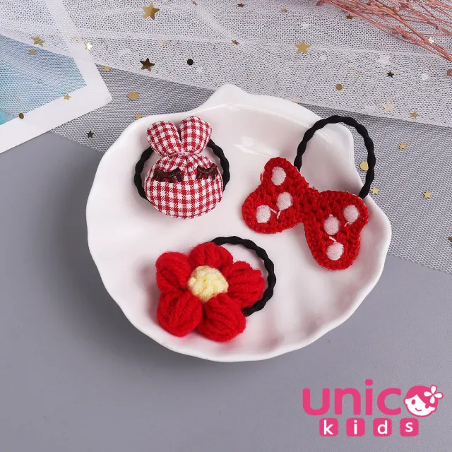 【UNICO】兒童 紅色免子蝴蝶結花花球球造型髮圈6入組(髮飾/配件/聖誕)