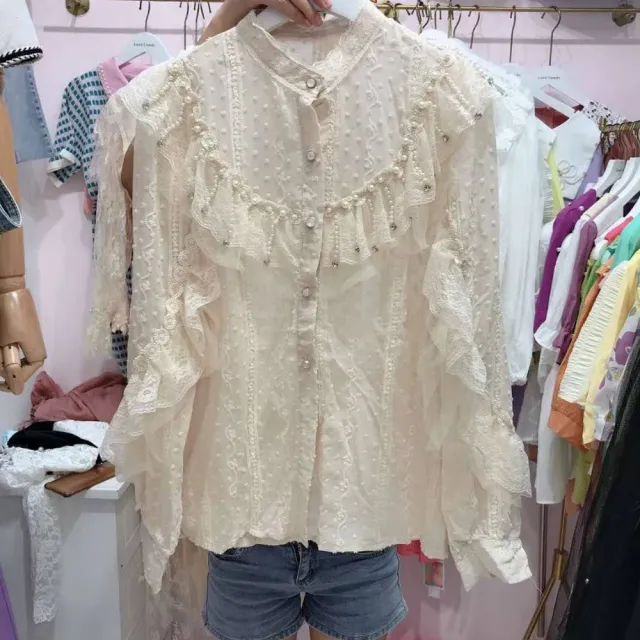 【BBHONEY】韓風質感蕾絲花邊鑲鑽襯衫 蕾絲衫(網美必備款)