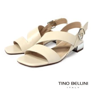 【TINO BELLINI 貝里尼】巴西進口知性淡雅牛皮寬頻繞踝低跟涼鞋FSKT0003(白)