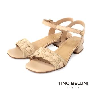 【TINO BELLINI 貝里尼】巴西進口柔美編織拼接造型繫踝低跟涼鞋FSKV0002(米)