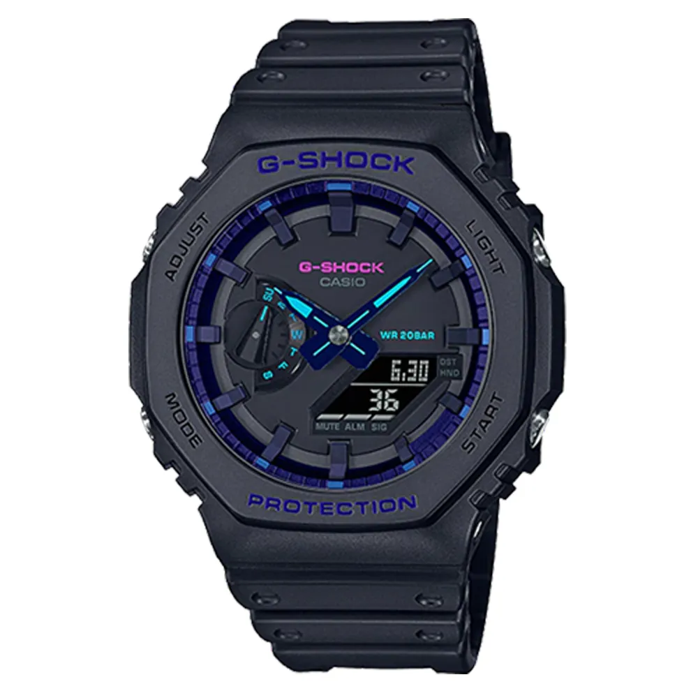 【CASIO 卡西歐】G-SHOCK 雙顯錶 樹脂錶帶 科幻藍紫 防水200米 GA-2100VB(GA-2100VB-1A)