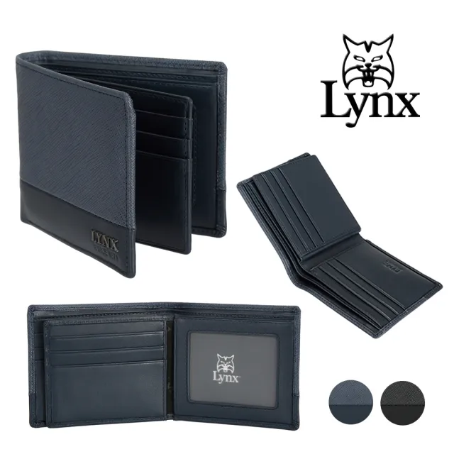 【Lynx】美國山貓進口牛皮十字紋左右活頁短夾男夾錢包(藍色)