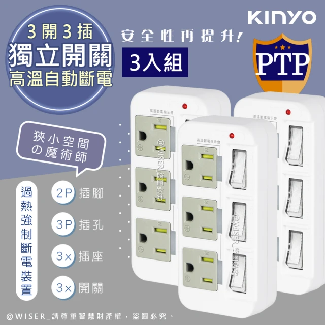 【KINYO】高溫斷電•新安規3P3開3多插頭分接器/分接式插座-三入組(GI-333)