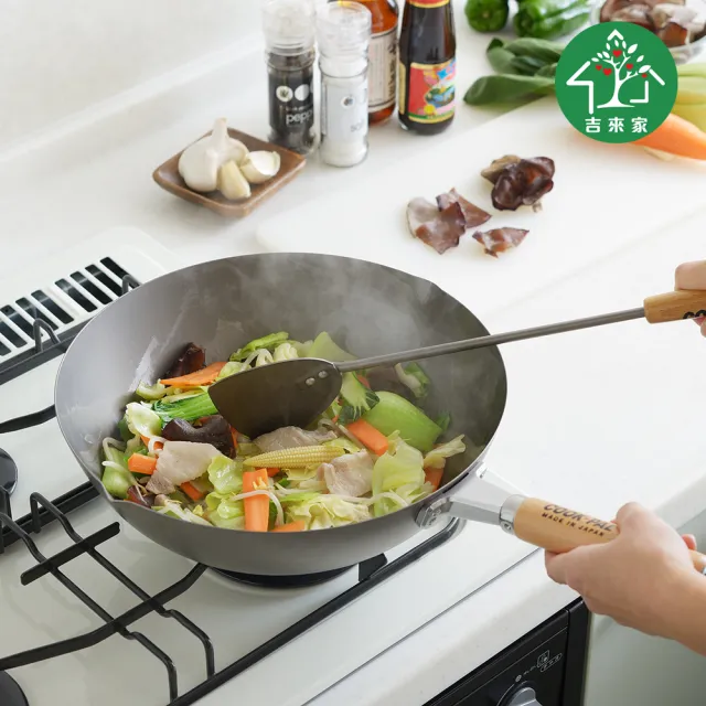 【吉來家】日本COOKPAL超輕純鈦炒鍋33cm★送不鏽鋼鍋鏟(完全無塗層／全鍋體純鈦製成)