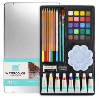 【COLOUR BLOCK】41件水彩鐵盒繪畫套組 含水性色鉛筆 素描鉛筆 筆刷 調色盤(寫生 畫畫禮物 開學文具)