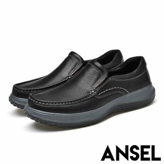【ANSEL】真皮樂福鞋 厚底樂福鞋/全真皮頭層牛皮立體滾邊縫線厚底休閒樂福鞋-男鞋(黑)