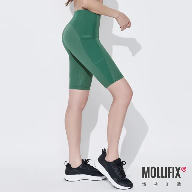 【Mollifix 瑪莉菲絲】高彈力訓練五分褲、瑜珈服、Legging(森綠)