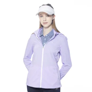 【Lynx Golf】女款抗UV輕量透氣拉鍊口袋脇邊剪裁設計可拆式連帽長袖外套(淺紫色)