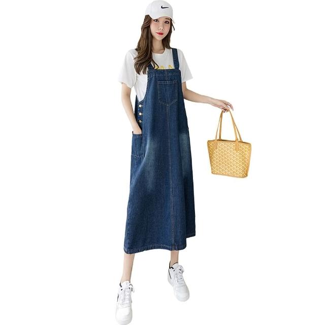 【CHACO】/現+預購/女 簡約刷白藍色吊帶牛仔長版連身裙#3665(吊帶 牛仔 連身裙 女 四季 藍色)