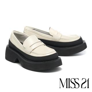 【MISS 21】霸氣復古霧感拼接牛漆皮大頭樂福厚底鞋(米白)