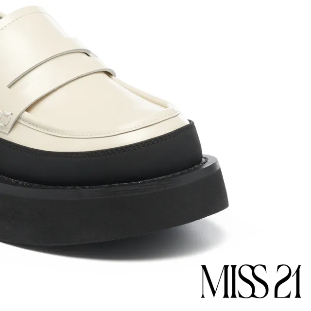 【MISS 21】霸氣復古霧感拼接牛漆皮大頭樂福厚底鞋(米白)