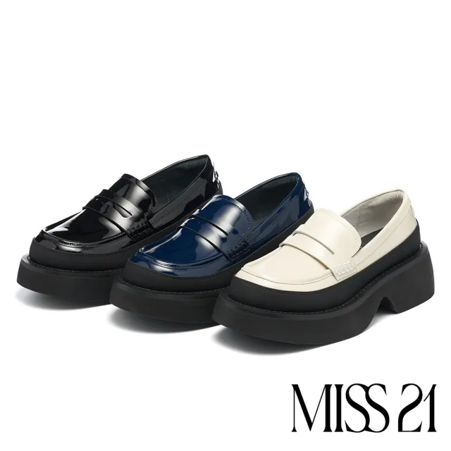 【MISS 21】霸氣復古霧感拼接牛漆皮大頭樂福厚底鞋(米白)