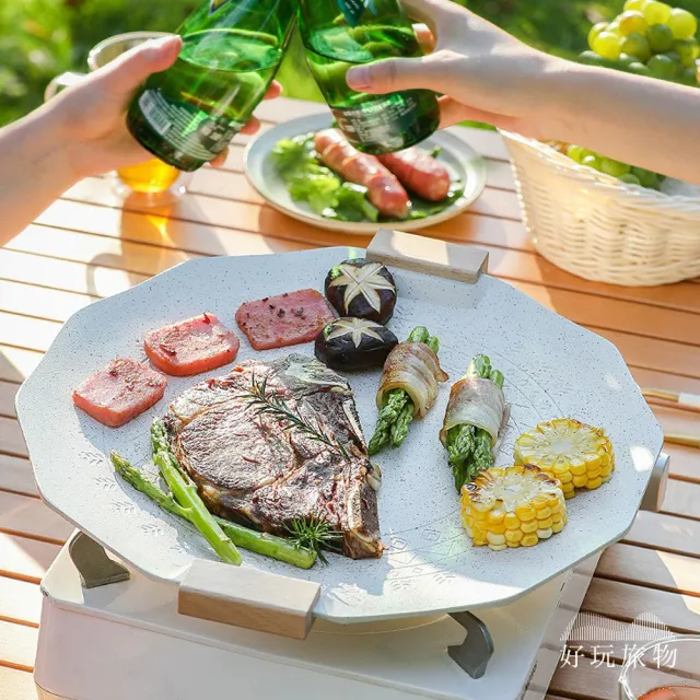 【好玩旅物】35cm_ 六角形麥飯石不沾鍋露營烤盤(附收納袋｜瓦斯電磁爐通用 無煙煎炒燒烤肉)