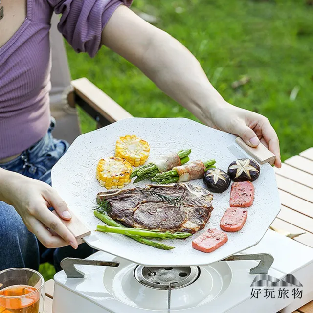 【好玩旅物】35cm_ 六角形麥飯石不沾鍋露營烤盤(附收納袋｜瓦斯電磁爐通用 無煙煎炒燒烤肉)