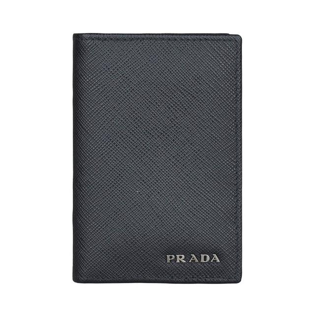 【PRADA 普拉達】PRADA銀字LOGO十字防刮牛皮6卡摺疊短夾(黑)