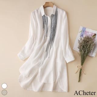 【ACheter】秋新款長袖刺繡寬鬆棉麻長版襯衫上衣罩衫#113540(白/杏)