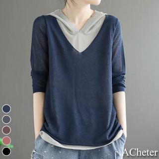 【ACheter】復古麻籽假兩件連帽百搭針織上衣#110925(5色)