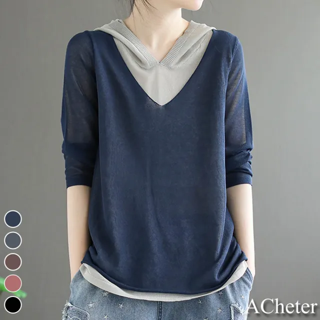 【ACheter】復古麻籽假兩件連帽百搭針織上衣#110925(5色)
