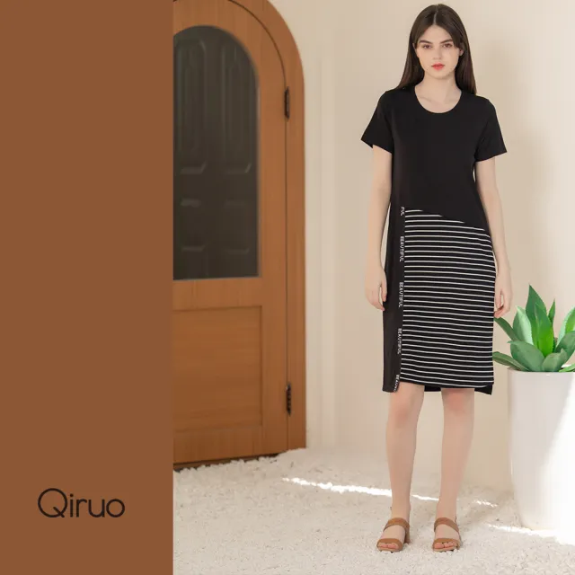【Qiruo 奇若名品】春夏專櫃 黑色短袖休閒洋裝2105F線條設計活潑(下)