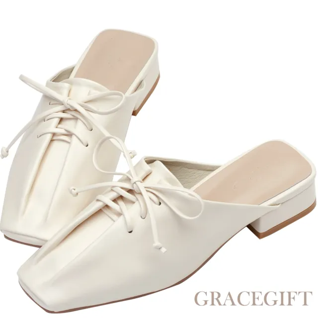 【Grace Gift】Alice聯名-氣質綁帶褶皺低跟穆勒鞋