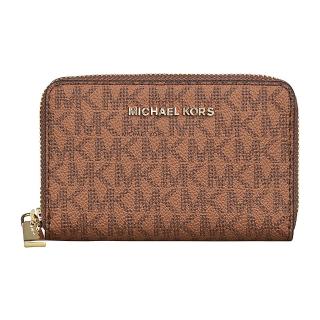 【Michael Kors】MK MICHAEL KORS金字LOGO印花PVC 6卡拉鍊零錢包(棕)