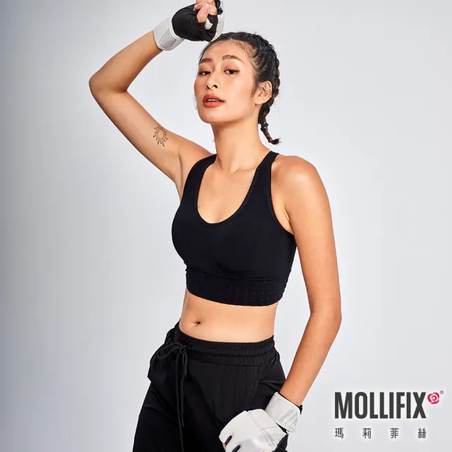 【Mollifix 瑪莉菲絲】A++V領挖背升級包覆BRA、瑜珈服、無鋼圈、開運內衣(黑)