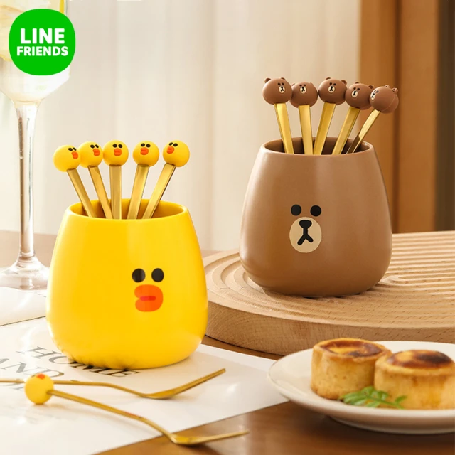 【LINE FRIENDS】熊大莎莉304不鏽鋼水果叉6入組(陶瓷罐+叉子)