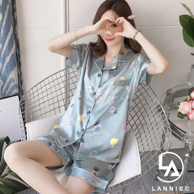 【藍尼居家】現貨 薄款冰絲襯衫睡衣套裝(女睡衣/短袖/家居服/兩件式套裝/售完不補)