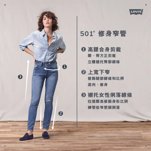 【LEVIS 官方旗艦】女款 501 Skinny高腰排釦窄管牛仔長褲 / 微磨損細節X撕邊褲管 熱賣單品 29502-0247