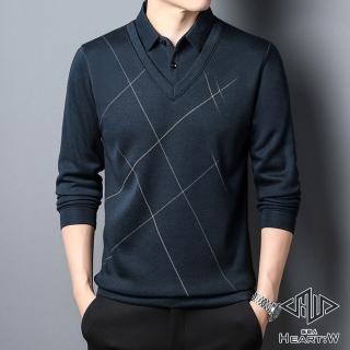 【Heart:W 新職人】★簡約紳士假兩件菱格POLO衫(秋冬/長袖/商務休閒/減齡穿搭)