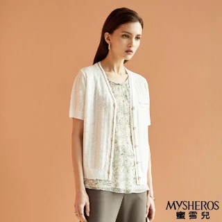 【MYSHEROS 蜜雪兒】針織外套 簍空雕花 金邊排釦 短袖(白)