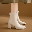 【baibeauty 白鳥麗子】時尚素面V型後拉鍊尖頭高跟短靴(粗跟靴)