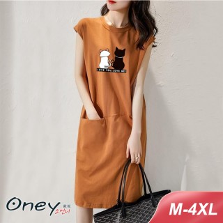【ONEY 歐妮】★大尺碼貓咪背影大口袋長版T(洋裝/連身裙/短袖/長裙/寬鬆/居家/休閒)