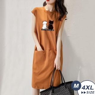 【LANNI 藍尼】★貓咪背影大口袋連身衣(連身裙/長裙/寬鬆/居家/休閒)