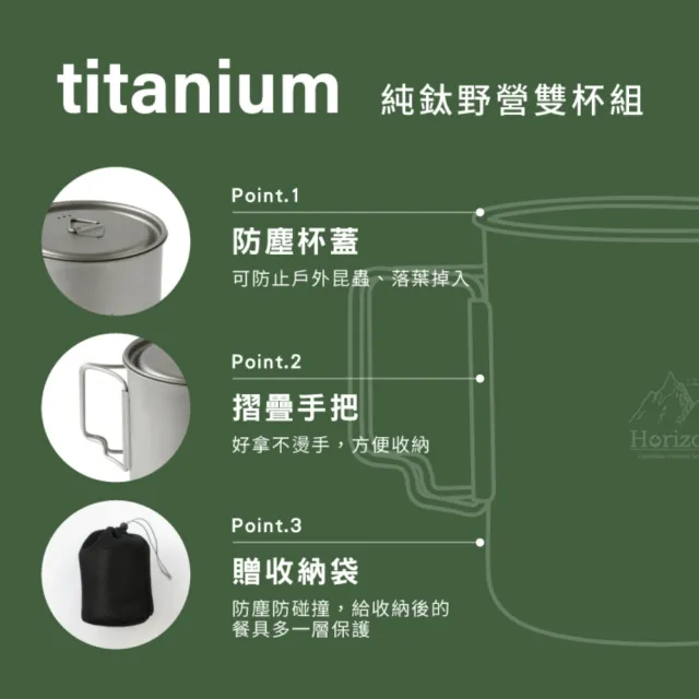 【Horizon 天際線】純鈦單層雙杯組附杯蓋750ml+420ml(鈦馬克杯/鈦杯/可疊杯/附收納袋)