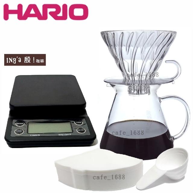 【HARIO】SIMPLY V60清透玻璃手沖組及Inga 計時電子秤