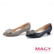 【MAGY】牛皮白鑽方釦皮革蝴蝶結低跟鞋(灰色)