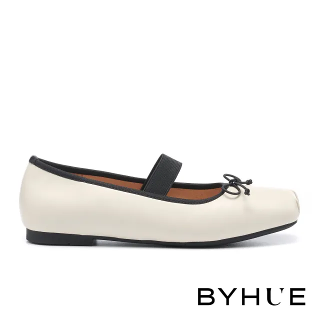 【BYHUE】優雅氣質蝴蝶結羊皮軟芯Q底方頭低跟鞋(米白)