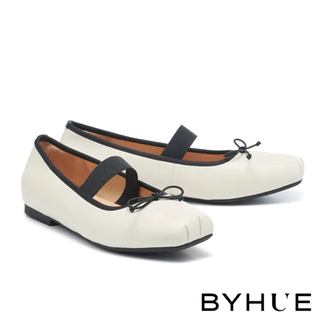 【BYHUE】優雅氣質蝴蝶結羊皮軟芯Q底方頭低跟鞋(米白)