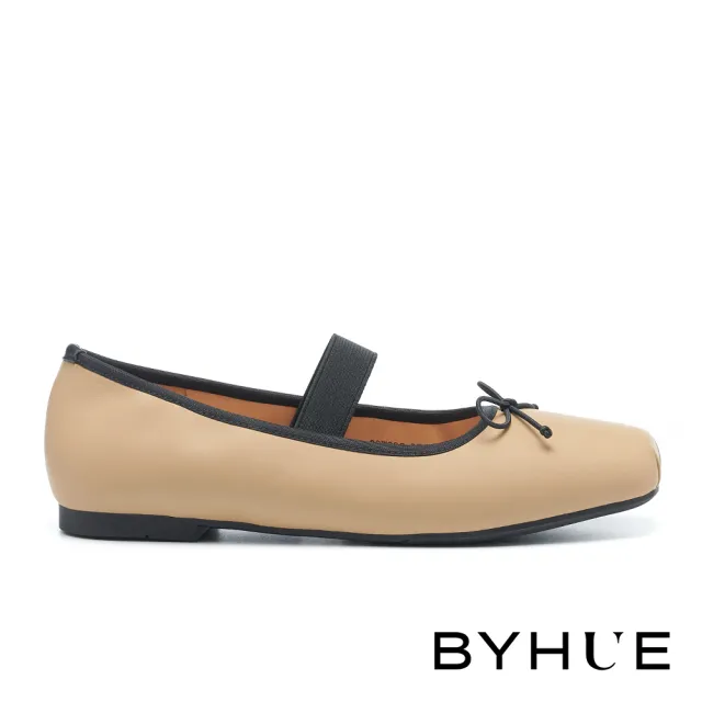 【BYHUE】優雅氣質蝴蝶結羊皮軟芯Q底方頭低跟鞋(棕)