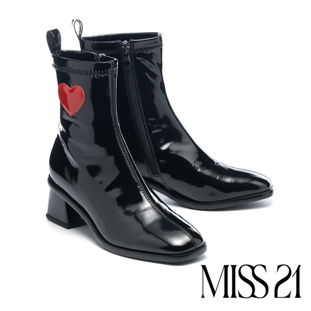 MISS 21 甜酷風愛心純色方頭側拉鍊高跟短靴(黑)品牌優